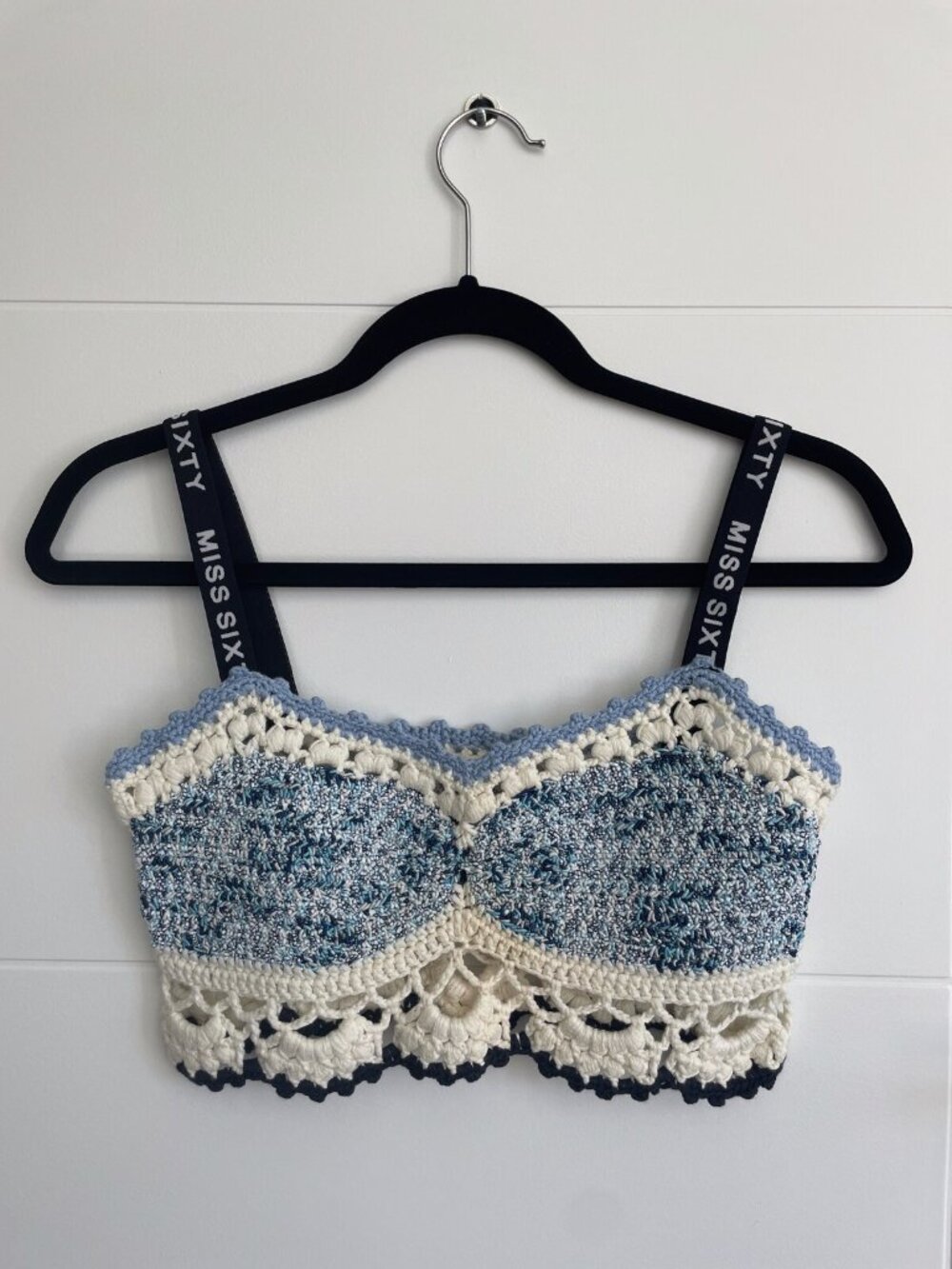 Miss Sixty Crochet Knit Bralette Crop Top Blue & Cream — S